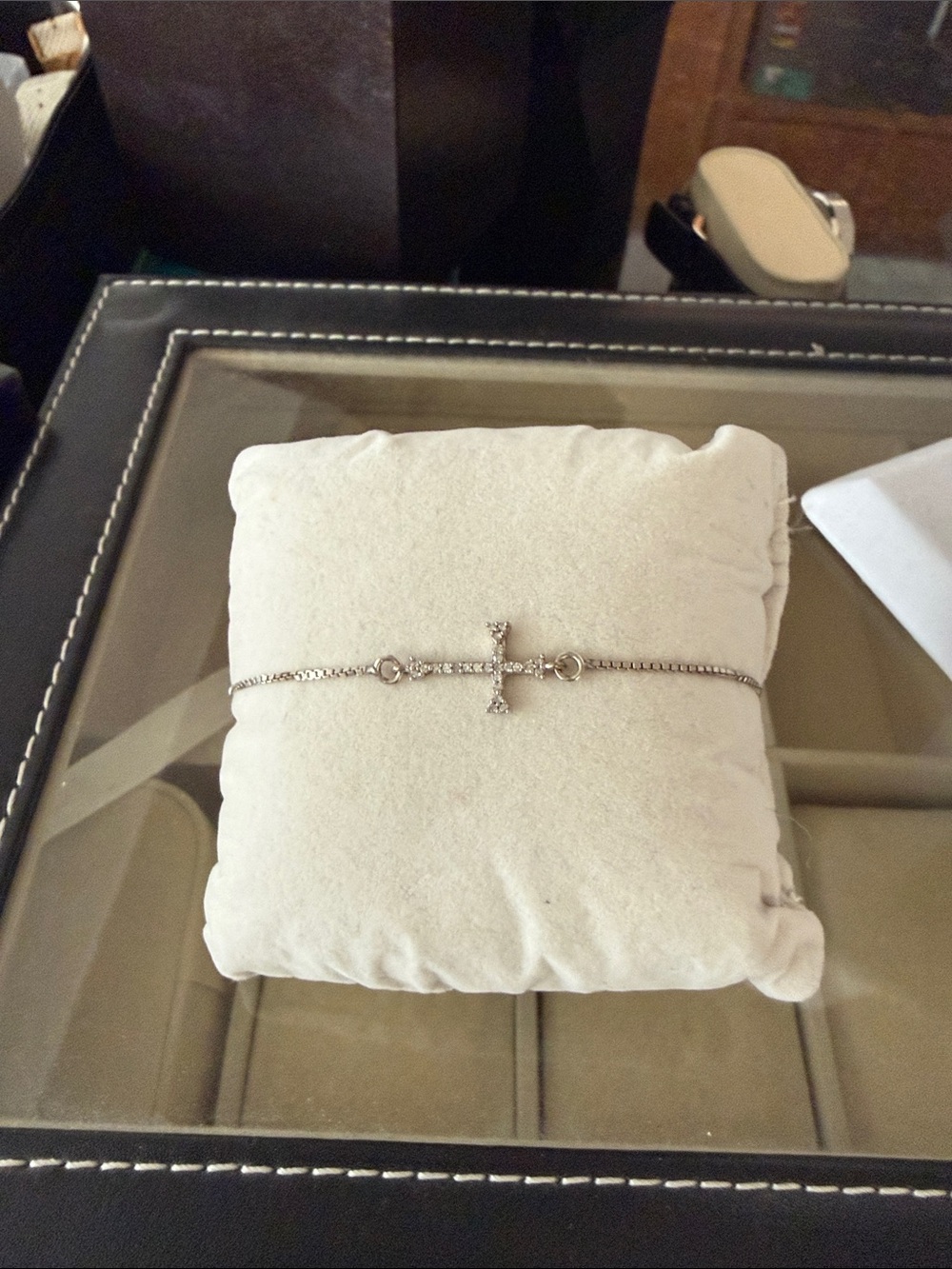 Sterling Silver Cross Bracelet - Elegant White Crystal Accent